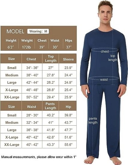 Men's Pajamas Set Soft Crew Neck Long Sleeve Pjs Long Sleep Pants with Pockets