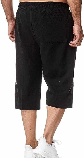 Men's Long Linen Knee Pocketed 3/4 Summer Drawstring Capri Pant
