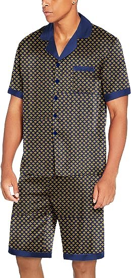 Men Satin Silk Pajamas Set with Pockets Summer Loungewear 2 Piece Button Down Set